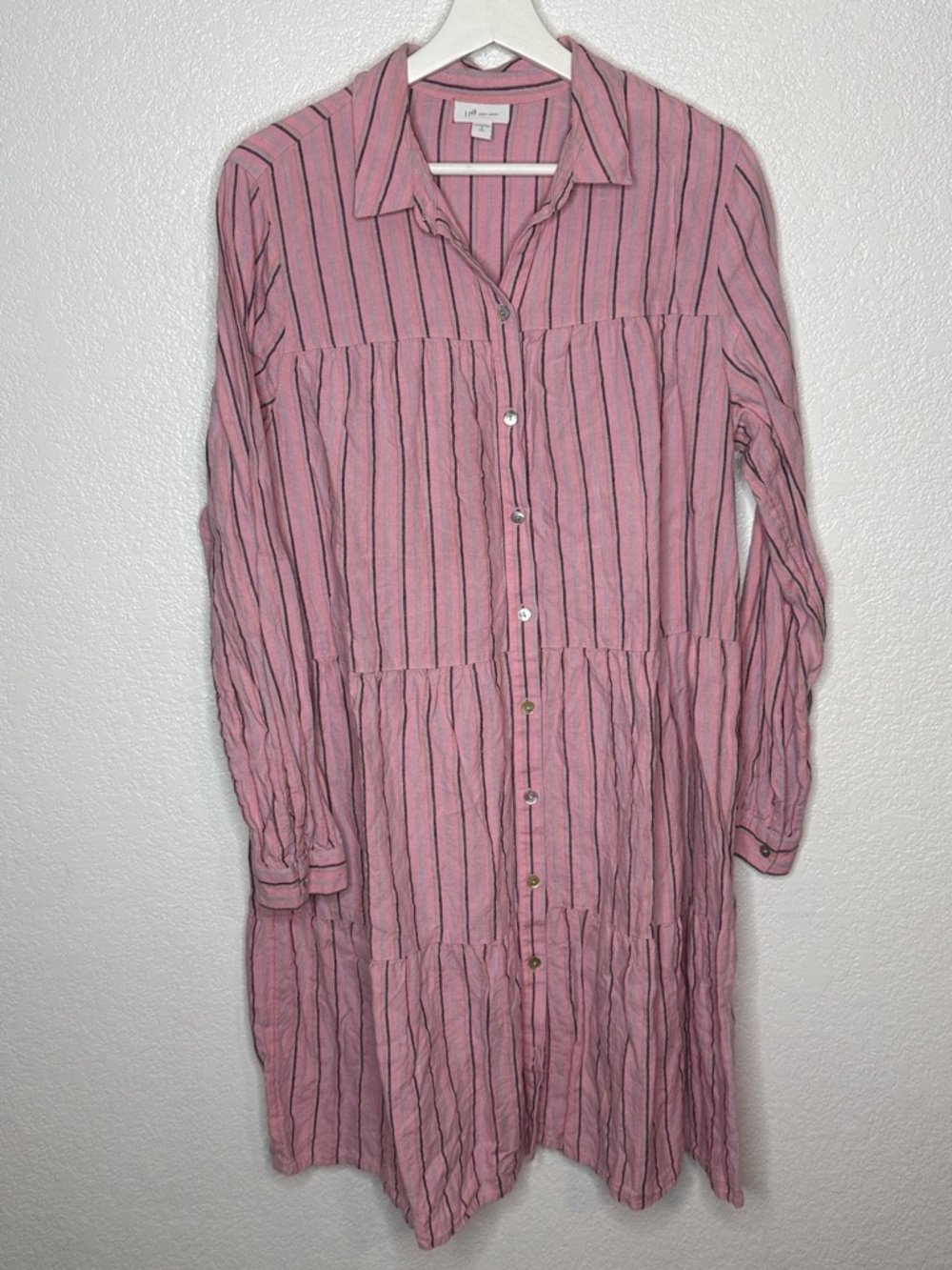 J. Jill Pink Striped Tiered Linen Button Down Shirt Dress Size Medium Tall - Picture 3 of 8